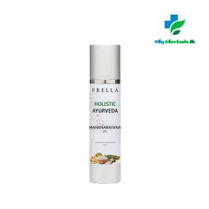Frella Authentic Mahanarayana Hair & Body Oil-100ml 30ml bottle against a natural, calming backdrop.