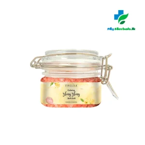 A jar of Frella Bath Salt with Ylang Ylang Essential Oil, a soothing product for stress relief and relaxation. Visit www.myherbals.lk