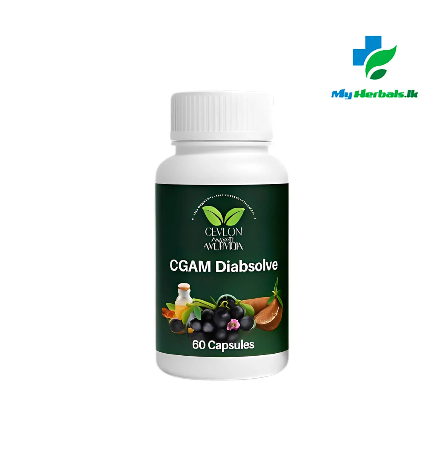 A bottle of CGAM Diabetes Capsules (Diabsolve), an Ayurvedic supplement for blood sugar management. Shop Now at www.myherbals.lk