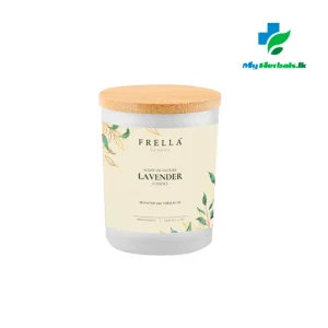 A lit Frella Aromatherapy Candle with Lavender Essential Oil, made with beeswax to soothe stress and promote sleep.