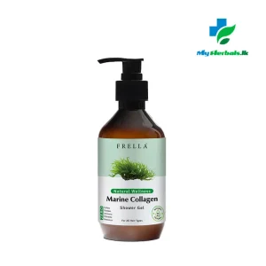 A sleek amber pump bottle of Frella Wellness Marine Collagen Shower Gel 320ml, a hydrating and firming product for radiant skin.