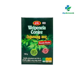 Packaging of RADHA LANKA Welpenela Conjee 100g, an authentic herbal conjee for nerve strength and blood purification. Shop Now at www.myherbals.lk